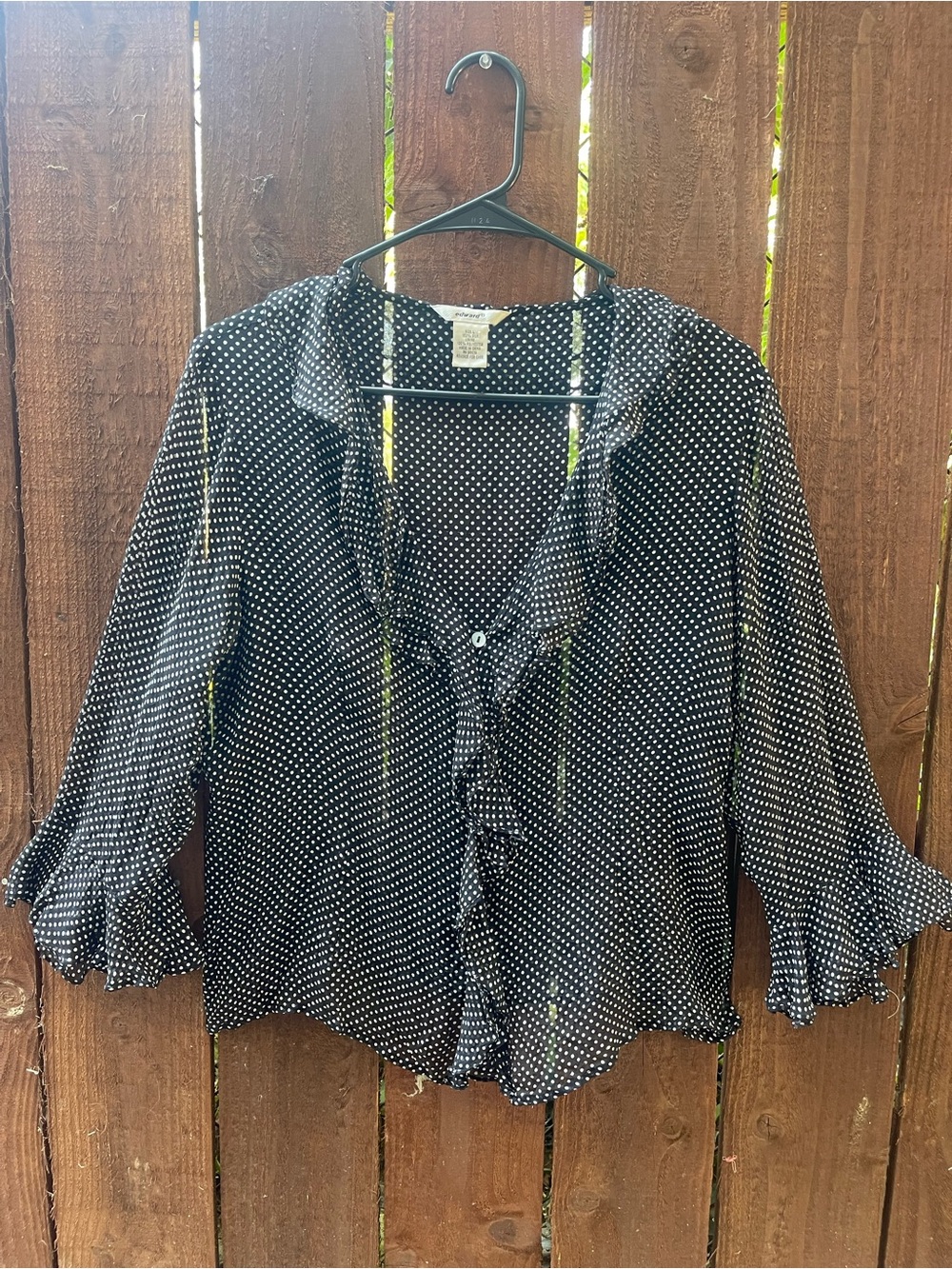 VTG edward Silk Polka Dot Officewear Button Down Blouse w Ruffles, Bell Sleeve L